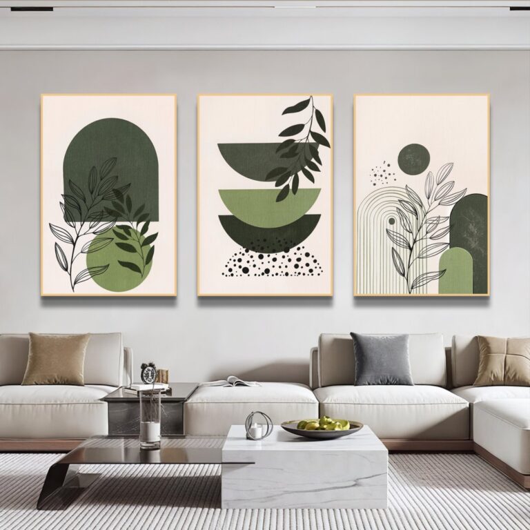 Modern wall art with abstract designs in a luxury living room setting.