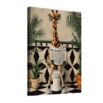 Modern wall art featuring a giraffe reading a newspaper in a stylish bathroom setting.