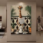 Modern wall art featuring a giraffe reading a newspaper, surrounded by plants.