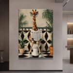 Modern wall art featuring a giraffe reading a newspaper in a stylish interior.
