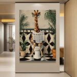 Modern wall art featuring a giraffe reading a newspaper, perfect for luxury home decor.
