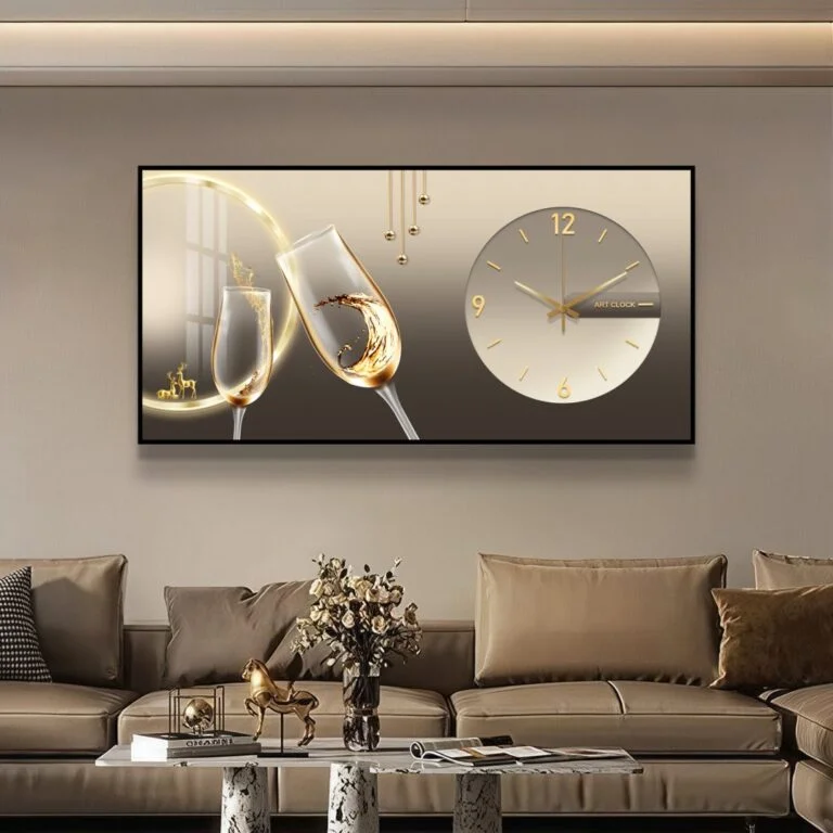 Luxury modern wall art with clock and champagne glasses, perfect for home decor.