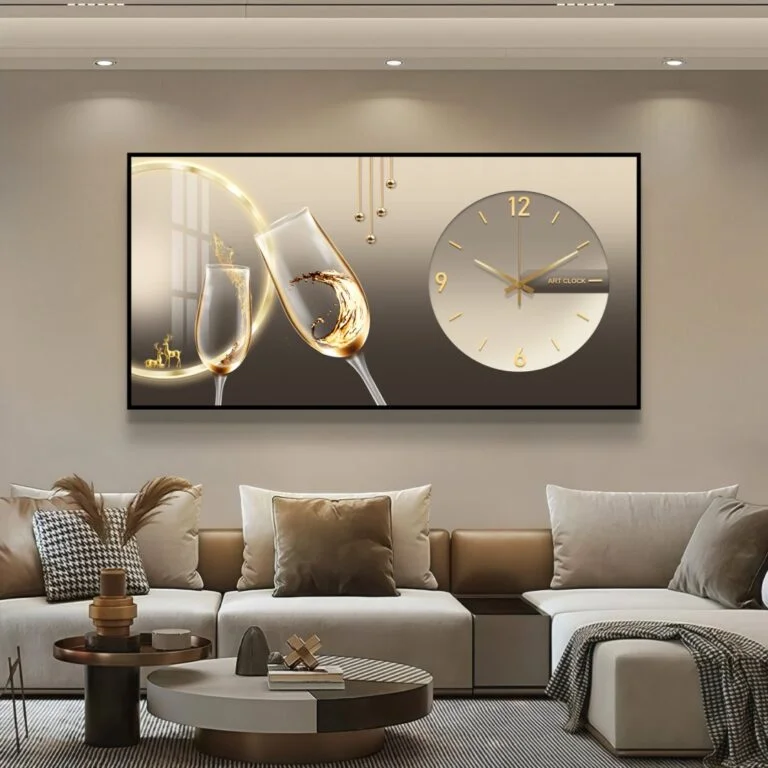 Modern luxury wall art with clock and champagne glasses, perfect for home decor.