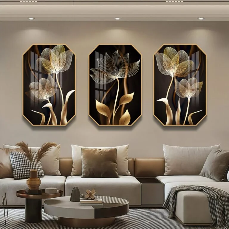 Modern luxury wall art with floral design in a living room setting.