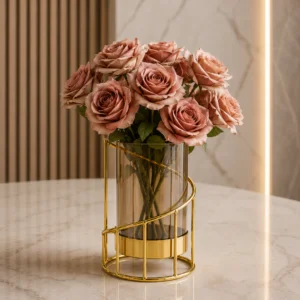 Elegant pink roses in a gold-accented glass vase on a marble table.