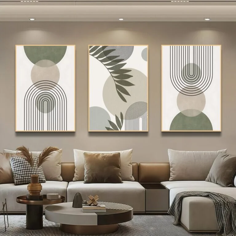 Modern framed wall art in a luxury living room setting.