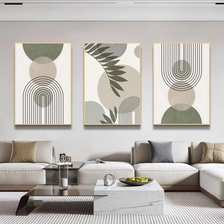 Modern framed wall art in a luxury living room setting.