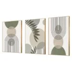 Modern geometric wall art set with abstract designs in green and beige tones.