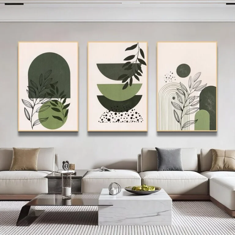 Modern wall art with abstract designs in a luxury living room setting.