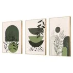 Set of three modern framed wall art pieces with geometric and botanical designs in green tones.