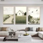 Modern living room with framed wall art and luxury decor.