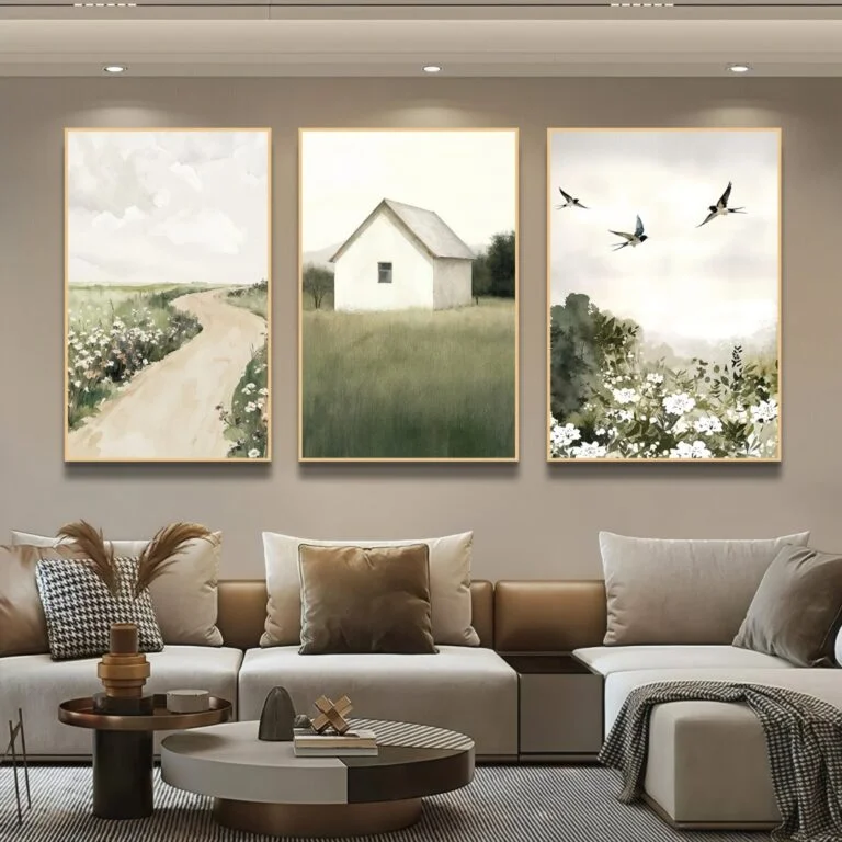 Modern home decor with framed wall art and luxury accessories.