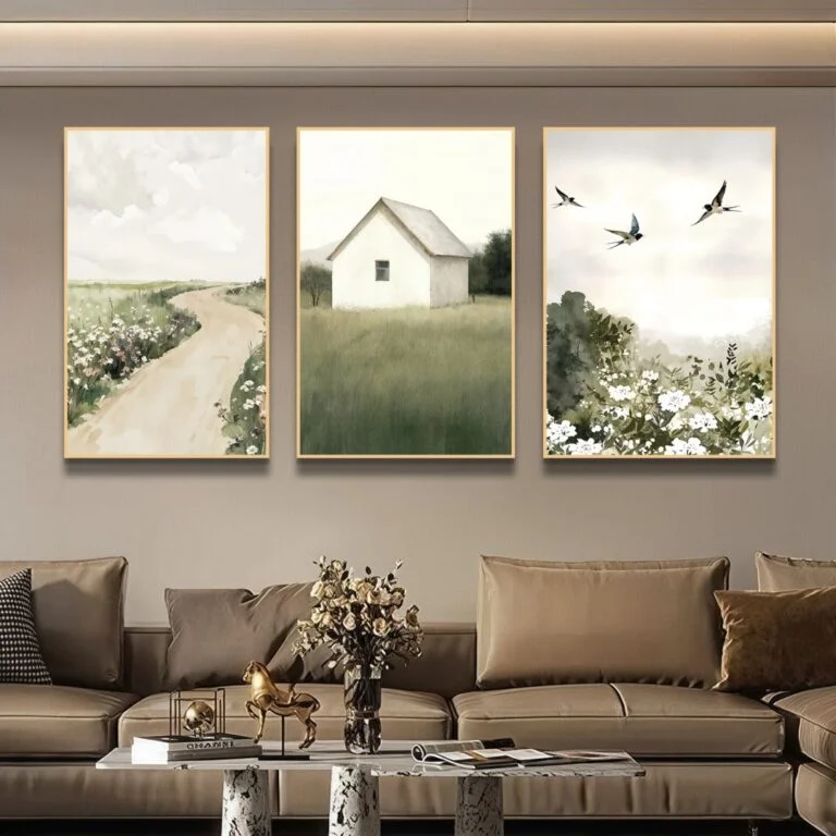Modern framed wall art with nature scenes in a luxury living room setting.