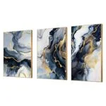 Modern luxury wall art with blue and gold abstract design, framed in aluminium.