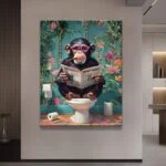 Modern wall art featuring a chimpanzee reading on a toilet, surrounded by vibrant decor.