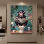 Modern wall art featuring a chimpanzee reading a newspaper in a tropical setting.