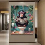 Modern wall art featuring a monkey reading a newspaper in a tropical setting, perfect for luxury home decor.