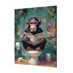 Modern wall art featuring a chimpanzee with glasses reading a newspaper on a toilet, surrounded by tropical decor.