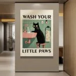 Modern wall art featuring a black cat washing paws in a sink, perfect for home decor.