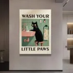 Modern wall art featuring a black cat washing paws, perfect for home decor.