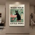 Modern wall art featuring a black cat washing paws, perfect for home decor.