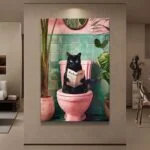 Modern wall art featuring a cat on a pink toilet, surrounded by plants, perfect for luxury home decor.