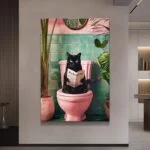 Modern wall art featuring a black cat on a pink toilet, surrounded by plants.