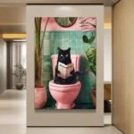 Modern wall art featuring a black cat on a pink toilet, surrounded by plants, ideal for luxury home decor.