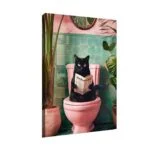Modern wall art with a black cat on a pink toilet, surrounded by plants.