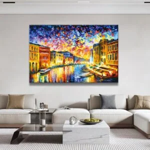 Modern luxury living room with colorful framed wall art above a sofa.
