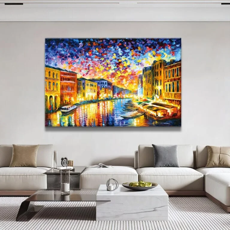 Modern luxury living room with colorful framed wall art above a sofa.