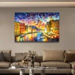 Modern luxury home decor with vibrant framed wall art in a living room.