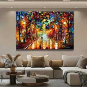 Modern wall art with colorful abstract cityscape in a luxury living room.