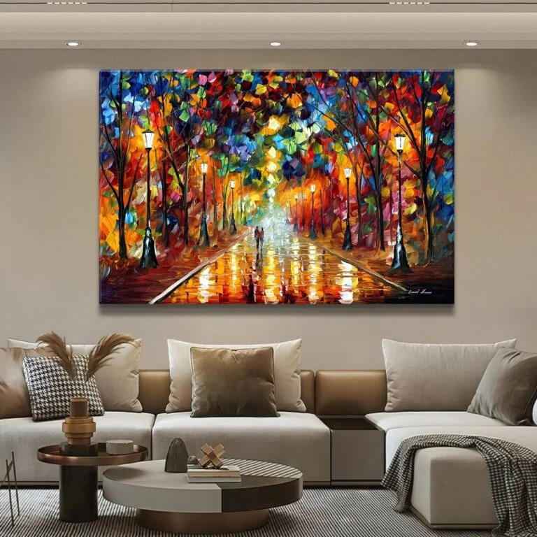 Modern wall art with colorful abstract cityscape in a luxury living room.
