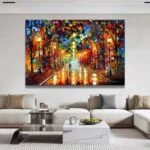 Modern framed wall art with vibrant colors in a luxury living room setting.