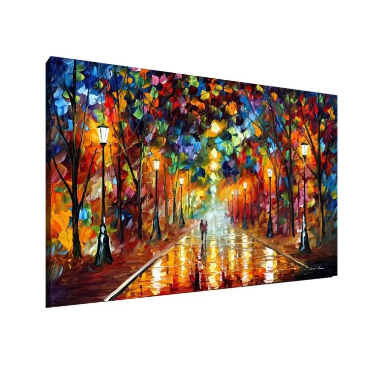 Modern wall art with vibrant colors and street scene, framed for luxury home decor.