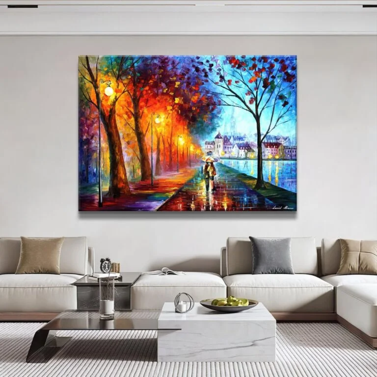 Modern wall art with vibrant colors in a luxury living room setting.