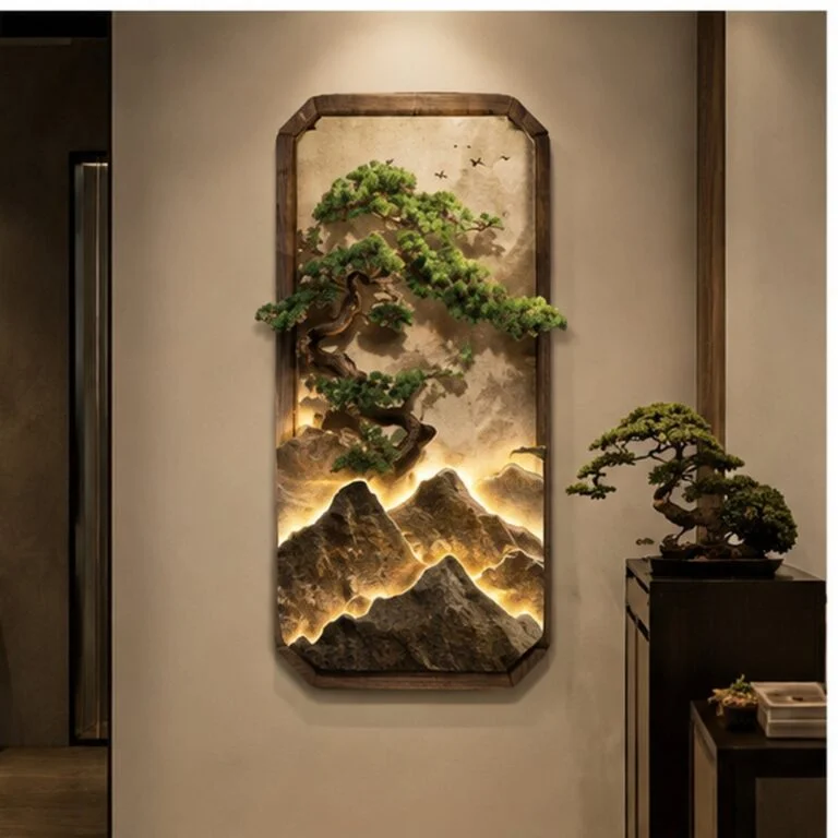 Modern illuminated wall art with nature scene in luxury home decor.
