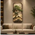 Modern living room with illuminated wall art and luxury decor.