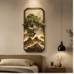 Modern bedroom with illuminated wall art and luxury decor.