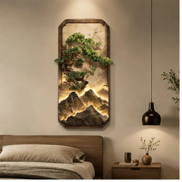 Modern bedroom with illuminated wall art and luxury decor.