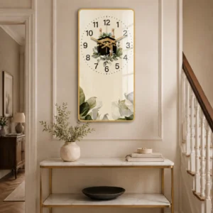 Luxury modern wall clock with floral design in elegant hallway.