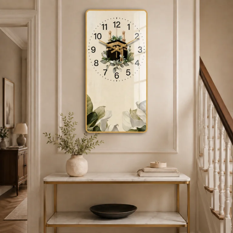 Luxury modern wall clock with floral design in elegant hallway.