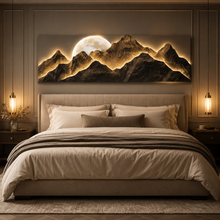 Luxury bedroom with illuminated mountain wall art and modern decor.