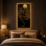 Luxury illuminated wall art with a golden tree design in a modern bedroom setting.
