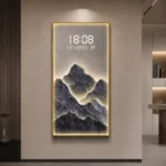 Modern LED wall art with mountain design and digital clock, luxury home decor.
