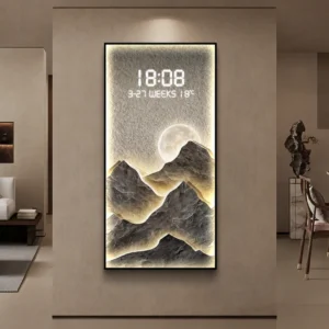 Modern LED wall art with mountain design and digital clock, luxury home decor.