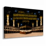 Illuminated Kaaba wall art with Arabic calligraphy, luxury Islamic decor.