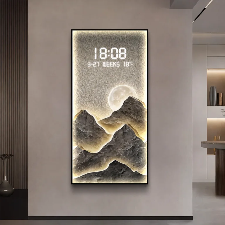 Illuminated wall art with mountains and digital clock, modern home decor.