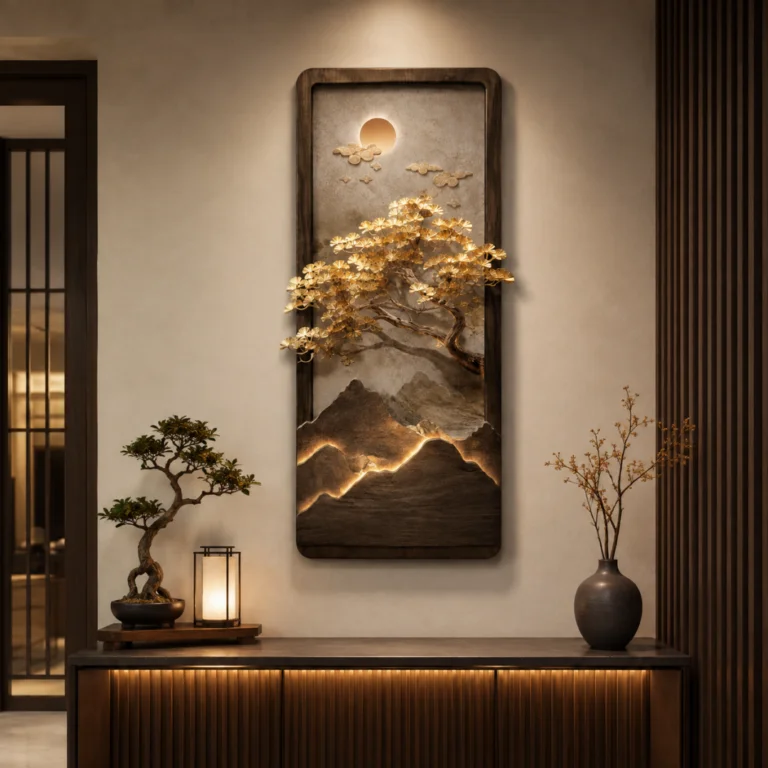 Luxury modern wall art with illuminated tree and mountain design, perfect for home decor.